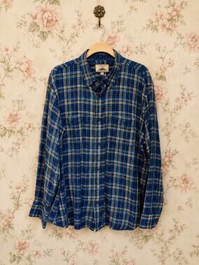 Hunter's Peak Rugged Wear Men's 2XL Blue Tan Plaid 100% Cotton Button Up Shirt
